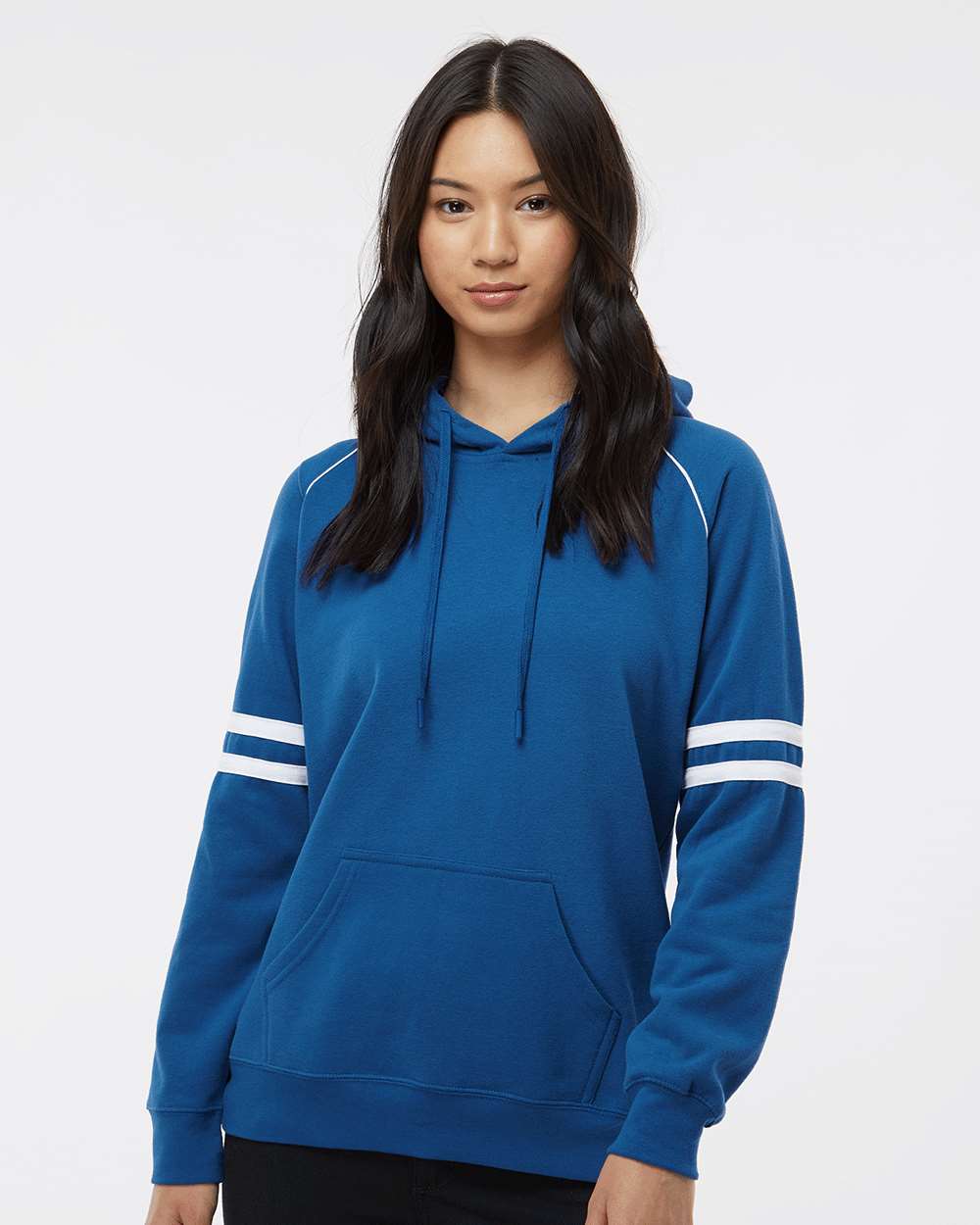💫J America Ladies' Varsity Pullover Hooded Sweatshirt Effortless Branding