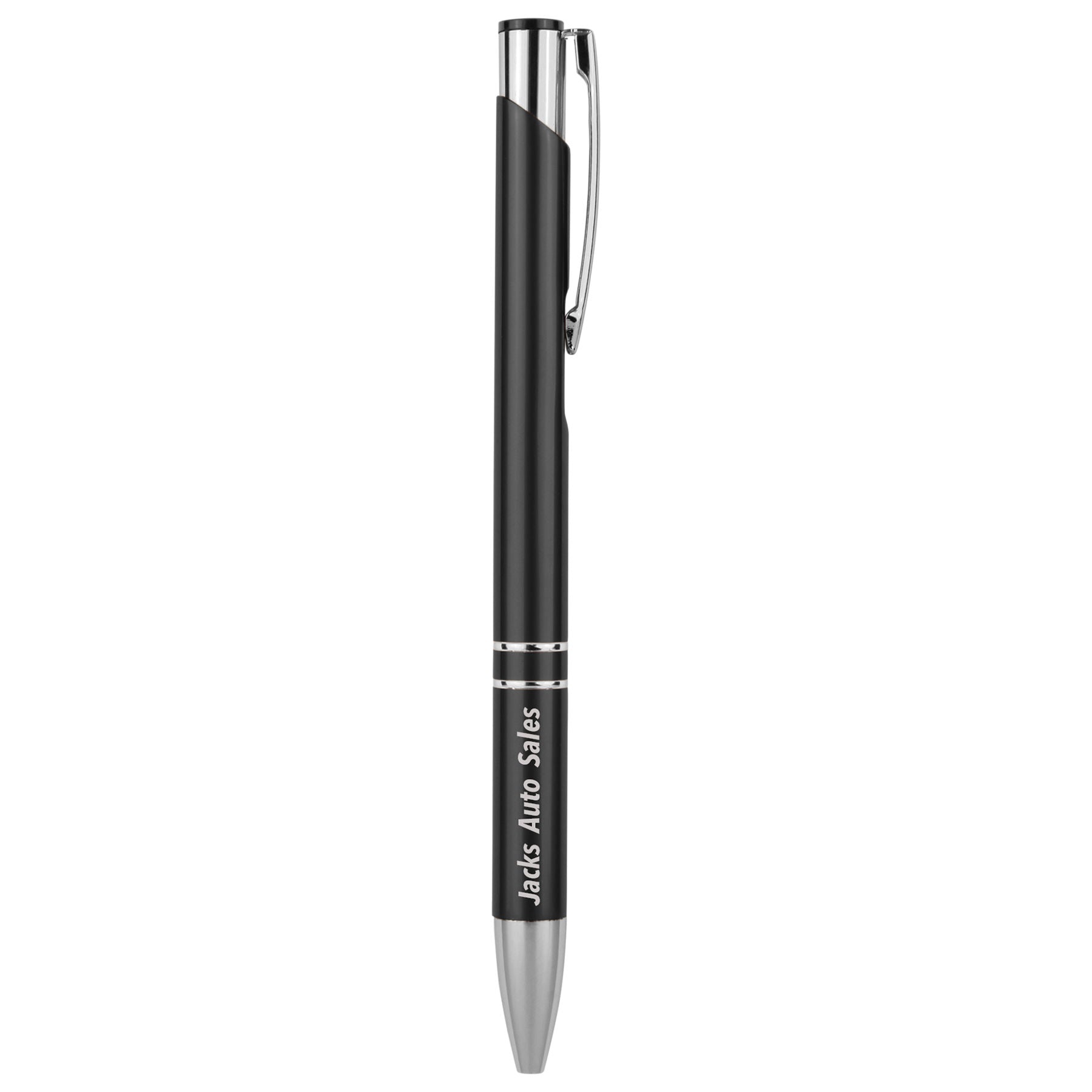 Premium Laserable Anodized Aluminum Pen – Black with Silver Trim (Click Top, Black Ink)