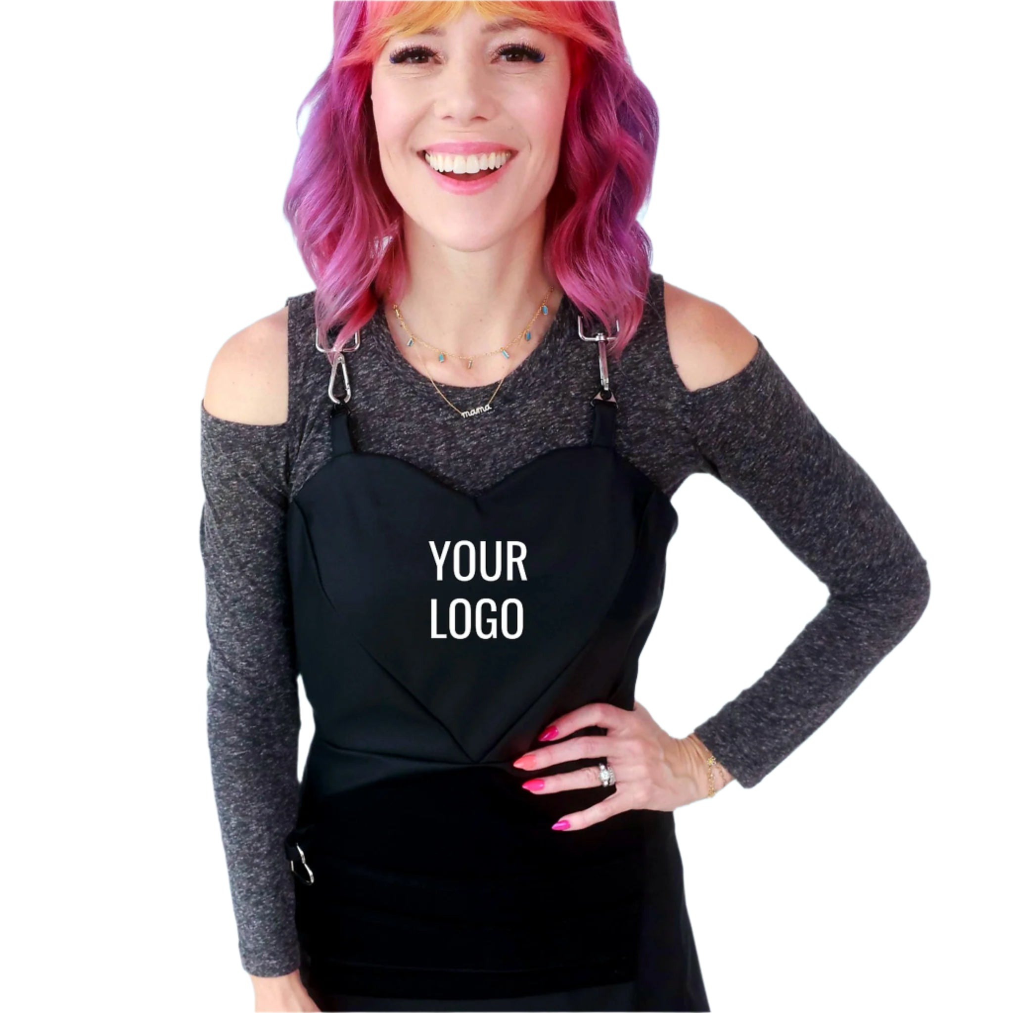 Person wearing a black apron with 'YOUR LOGO' text on a blue background
