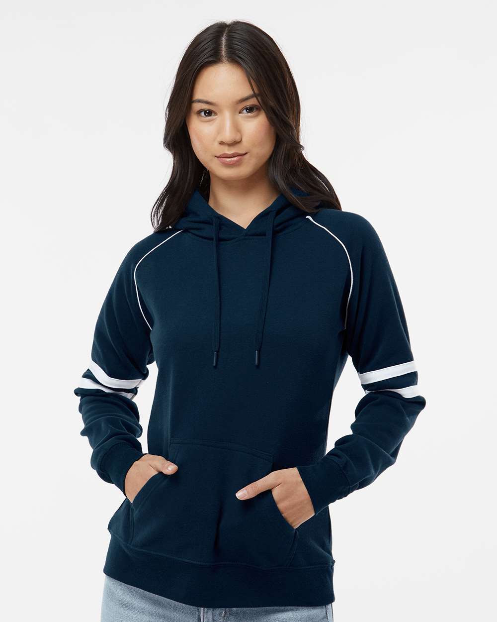 💫J America Ladies' Varsity Pullover Hooded Sweatshirt Effortless Branding