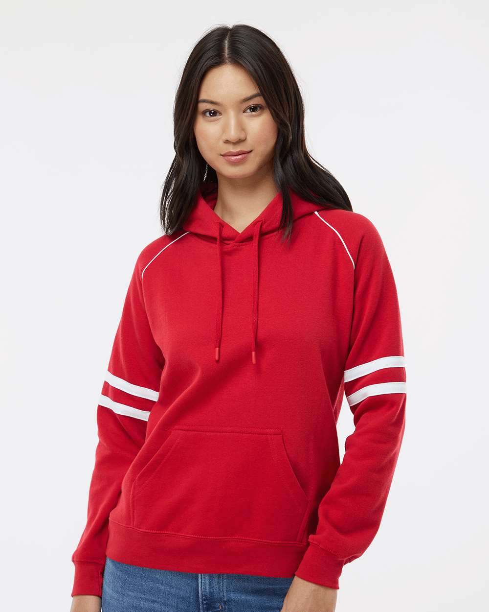 💫J America Ladies' Varsity Pullover Hooded Sweatshirt Effortless Branding