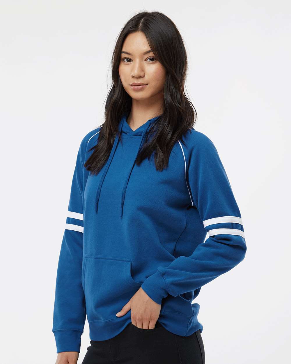 💫J America Ladies' Varsity Pullover Hooded Sweatshirt Effortless Branding