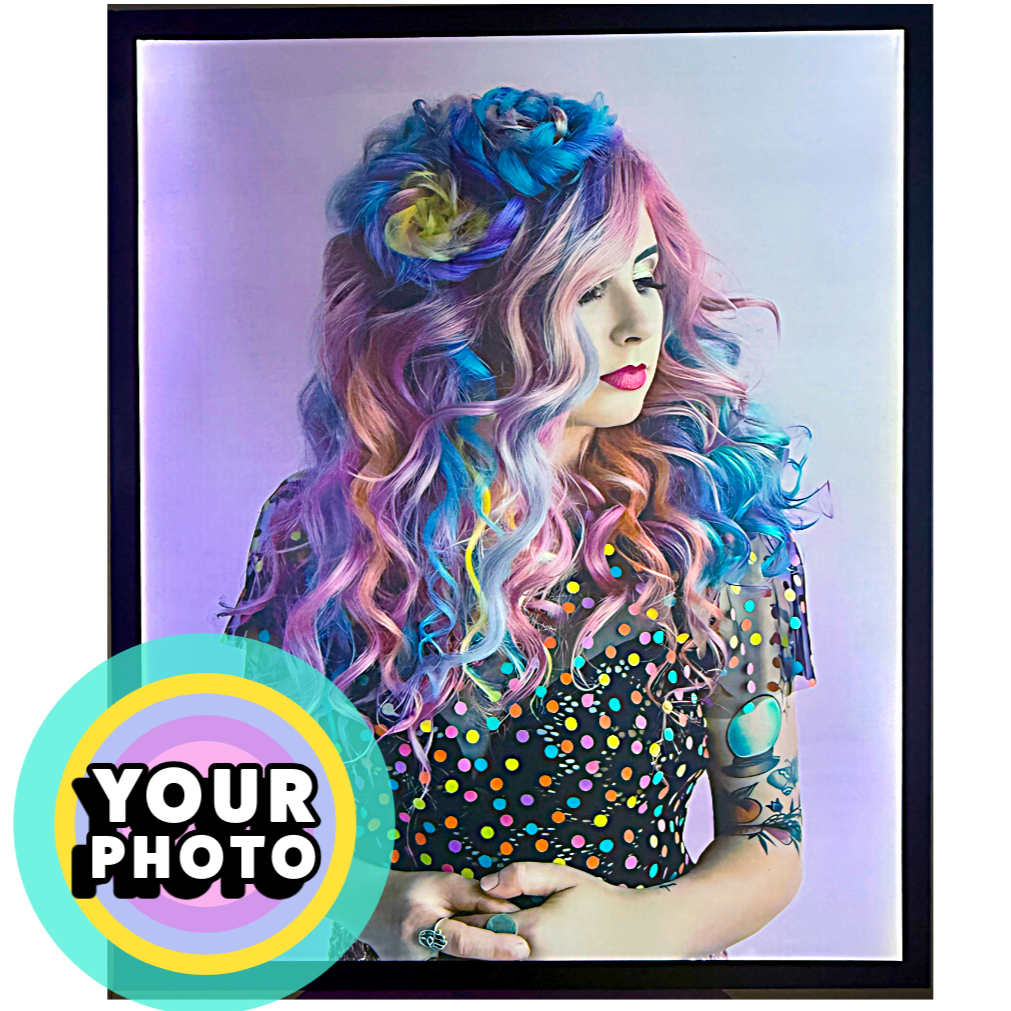 Framed photo of a person with colorful hair and tattoos, with a customizable photo placeholder.