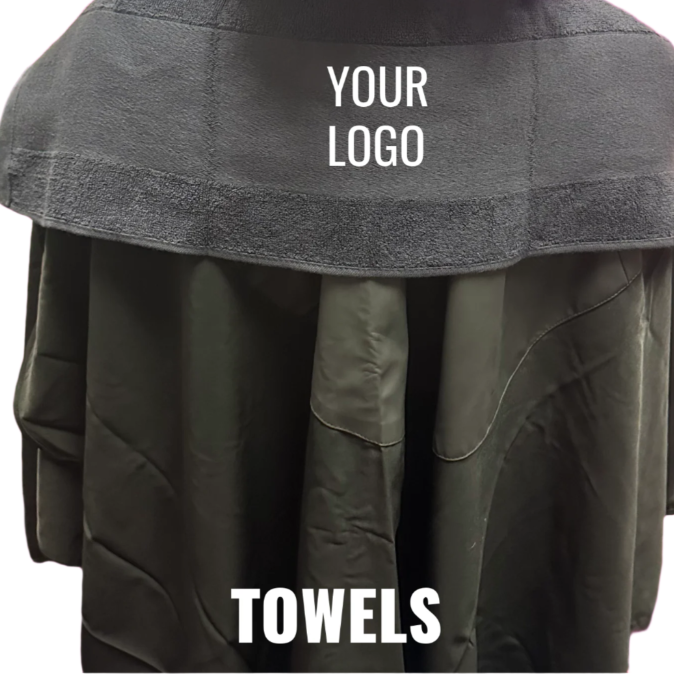 Gray towel draped over a person with 'Your Logo' text on a pink background